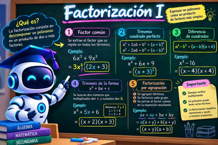 Pizarra de tiza que explica cinco métodos de factorización con ejemplos resueltos