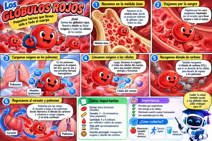 Cómic educativo en viñetas sobre el recorrido de los glóbulos rojos por el cuerpo