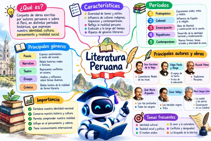Mapa mental de la literatura peruana con géneros, periodos, autores y obras