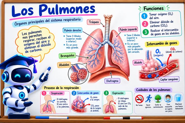 Infografía de los pulmones con sus partes, funciones y el proceso de la respiración